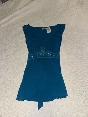 Y2K Teal Embroidered / Sequin Embellished Waist  baby doll Tunic Top